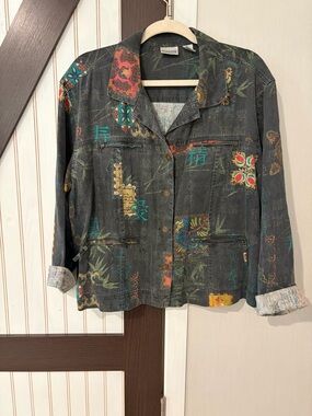 Vintage-Inspired Gray Button-Up Jacket with Multicolor Asian Print Chico’s 3 XL